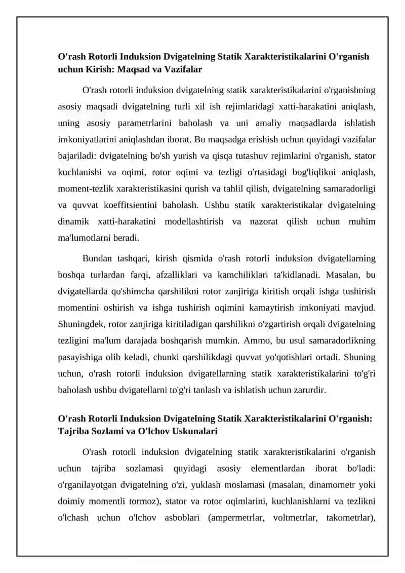 Faza rotorli asinxron motorning statik tavsiflarini tadqiq qilish 4