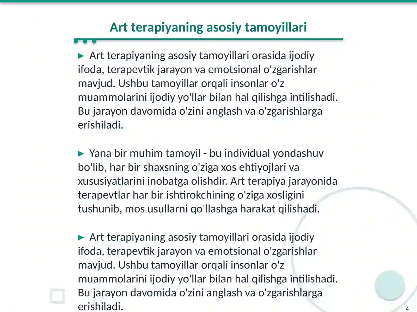 Art terapiyaning asosiy tamoyillari. Maktabgacha taʼlim tashkilotlarida 4