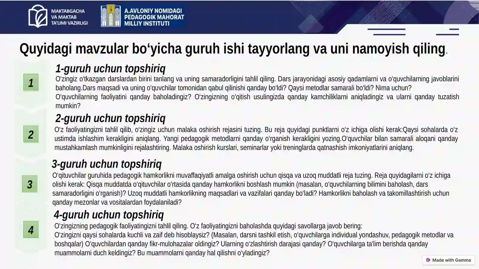 O‘z faoliyatini tahlil qilish va baholash – kasbiy rivojlanish asosi 4