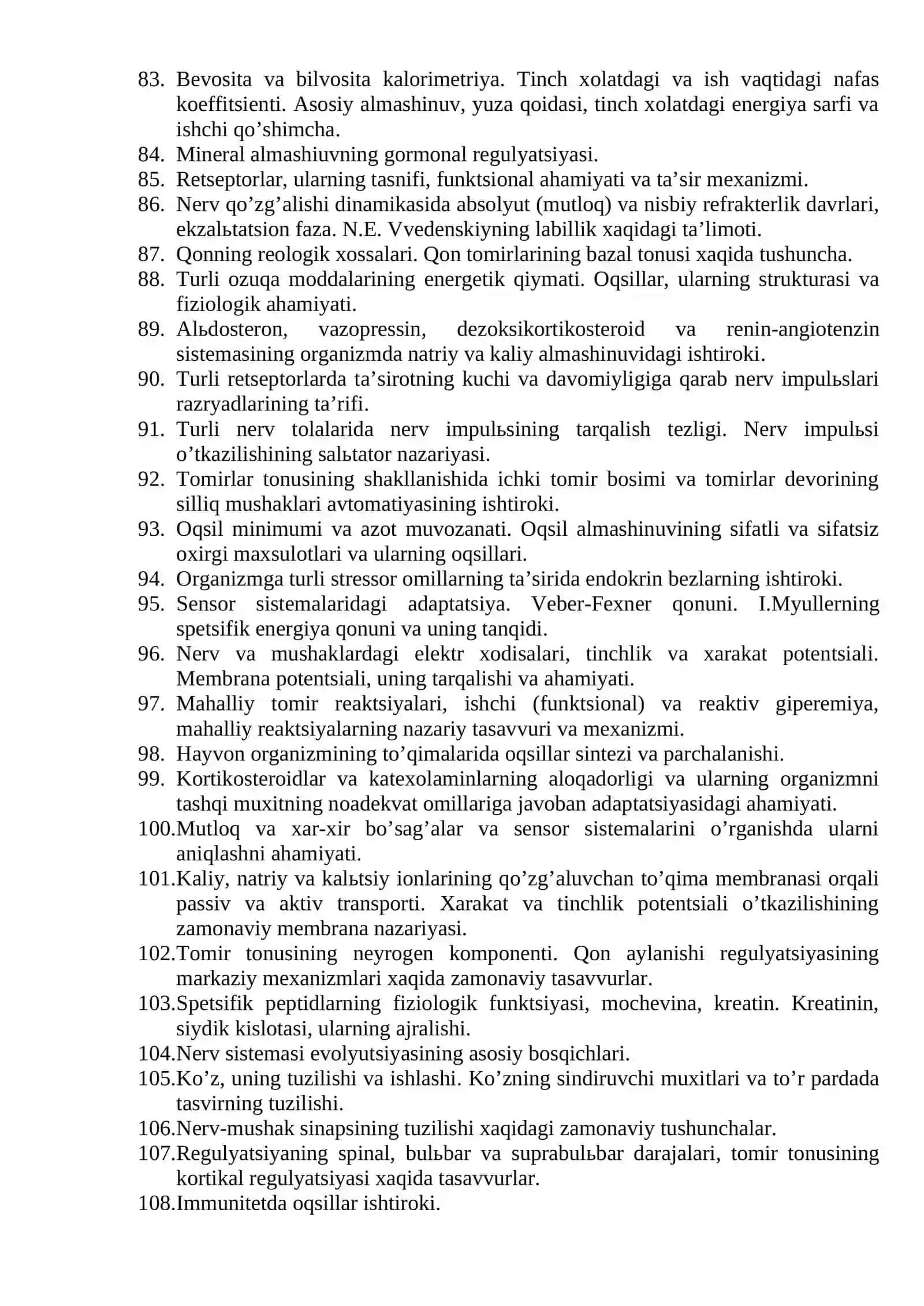 FIZIOLOGIYA fanidan savollar to`plami 4