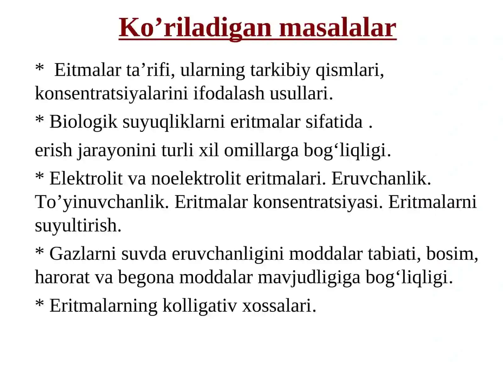TIBBIY KIMYO FANIEritmalar. Eruvchanlikning turlixil omillarga bog’liqligi. Eritmalar konsentratsiyasi 4
