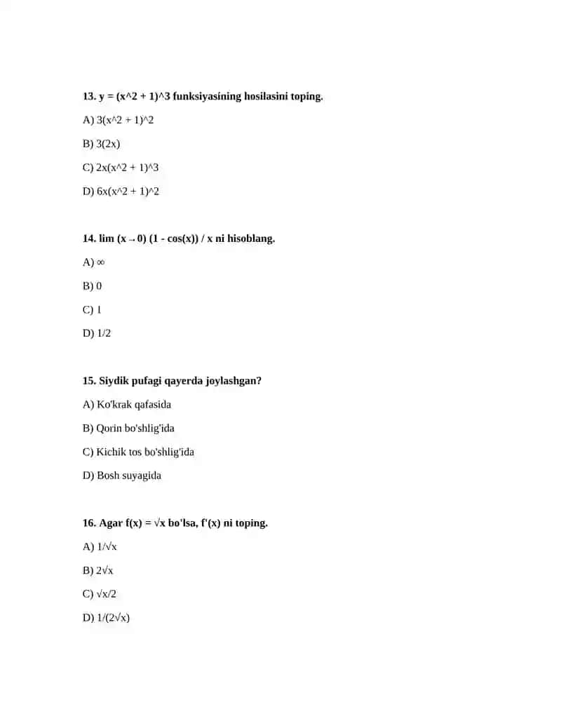 Hosila,limit,urinary mavzusida 20 talik test 4