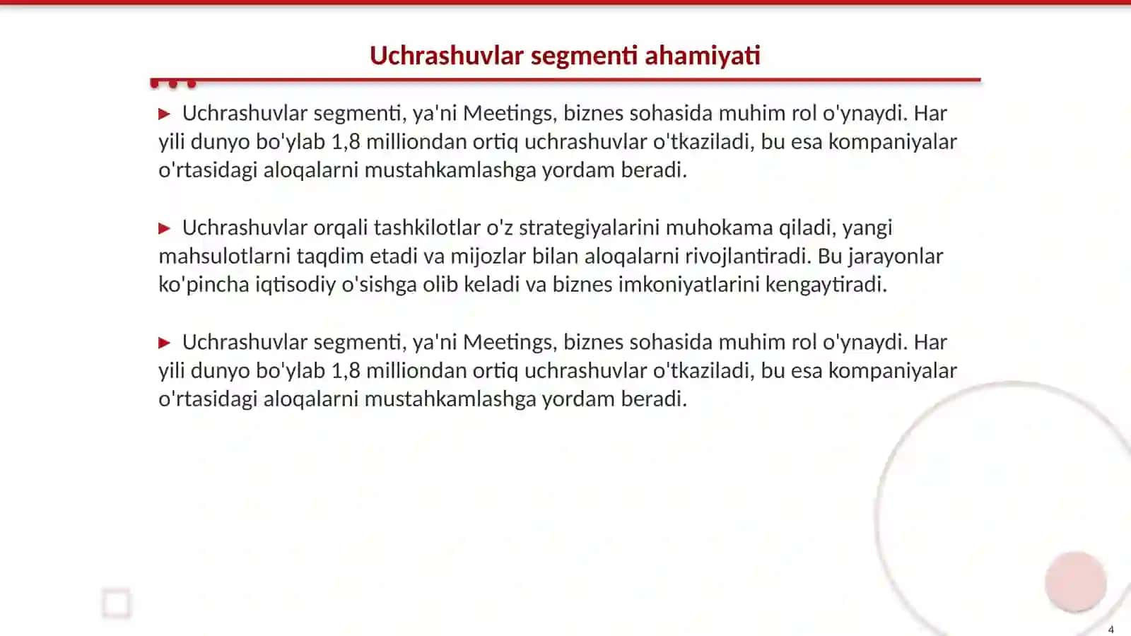 MICE industriyaning asosiy segmentlari: Meetings, Incentives, Conferences, Exhibitions 4