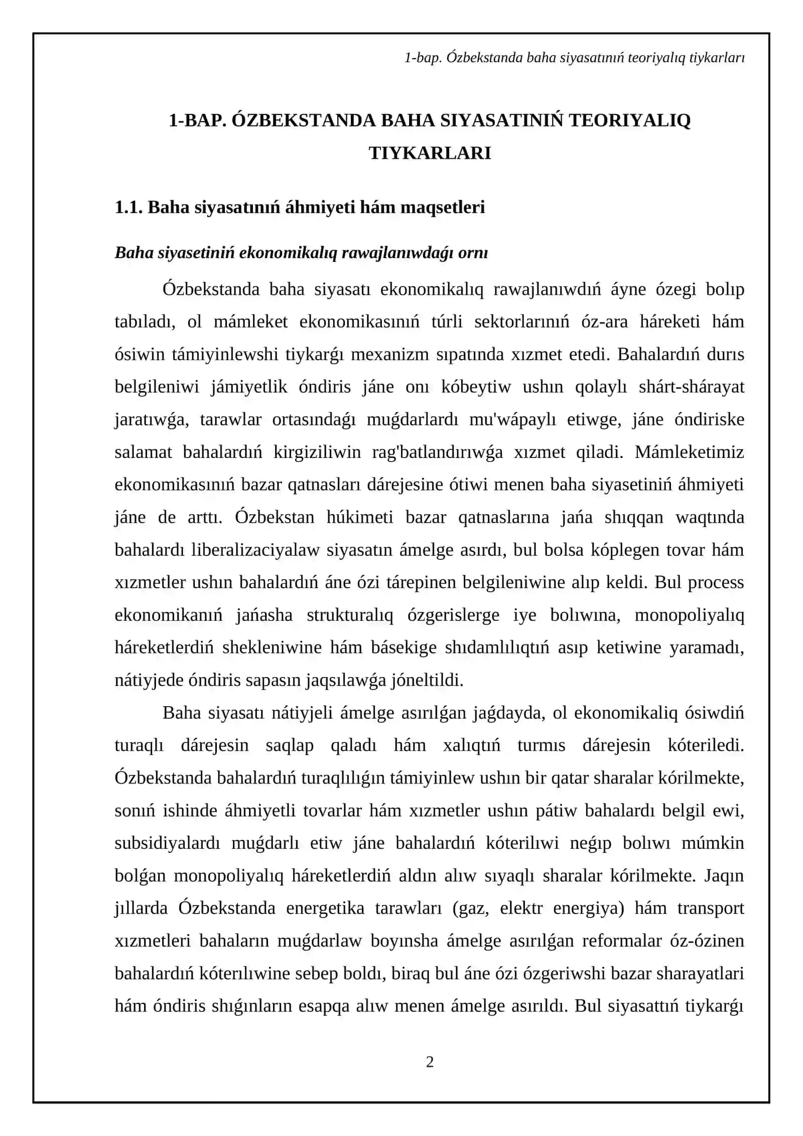 Ózbekstanda baha sıyasatı hám onıń tiykarģı baģdarları 4