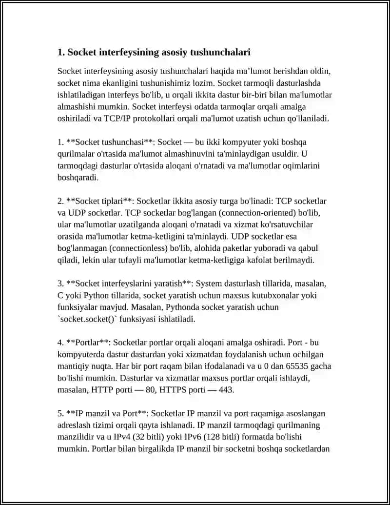 SOCKET-INTERFEYS. MA'LUMOT ALMASHISH VAZIFALARI. SOCKET INTERFEYSIDAN FOYDALANISHGA MISOL 4