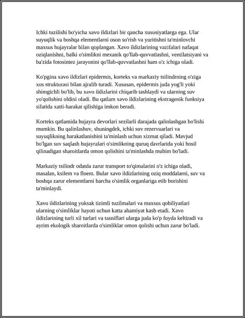 VEGETATIV ORGANLAR:XAVO ILDIZLARI TASHKI VA ICHKI TUZILISHI AXAMIYTI 4