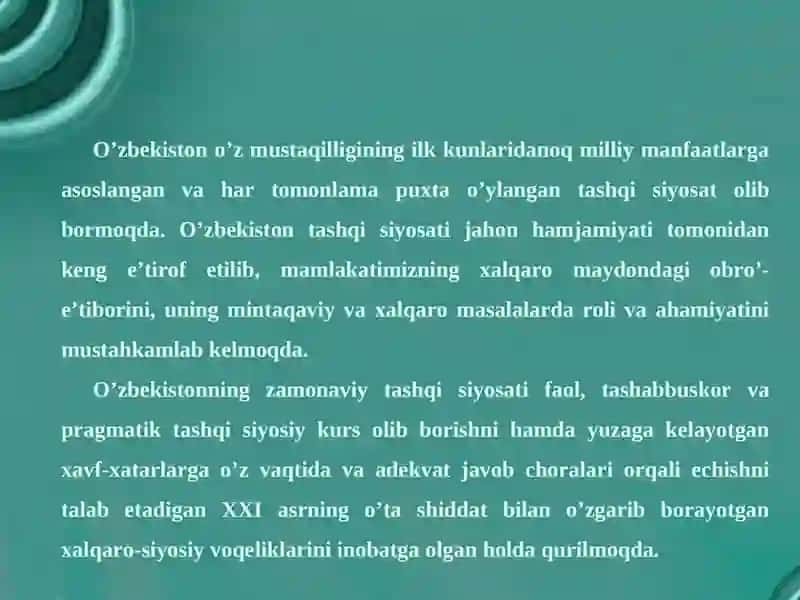 O'zbekiston faol tashqi siyosatining yangi bosqichi 4