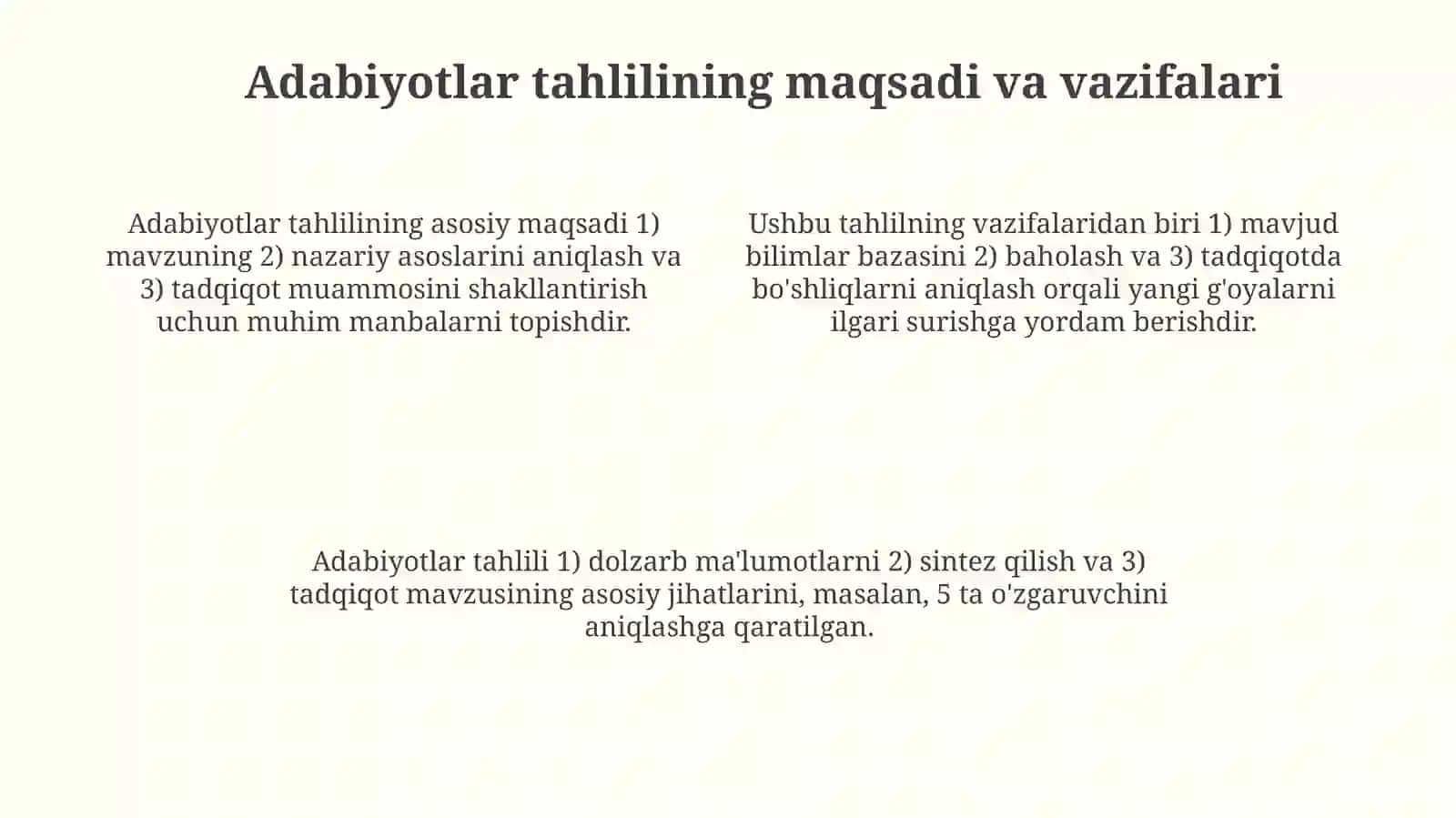 Mustaqil ravishda mavzuga oid darslik, o'quv va metodik qo'llanmalarni o'rganish va tahlilqilish 4