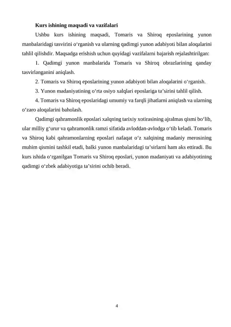 QADIMGI QAHRAMONLIK EPOSINING YUNON MANBALARI ORQALI YETIB KELGAN NAMUNALARI:TOMARIS, SHIROQ KURS ISHI 4