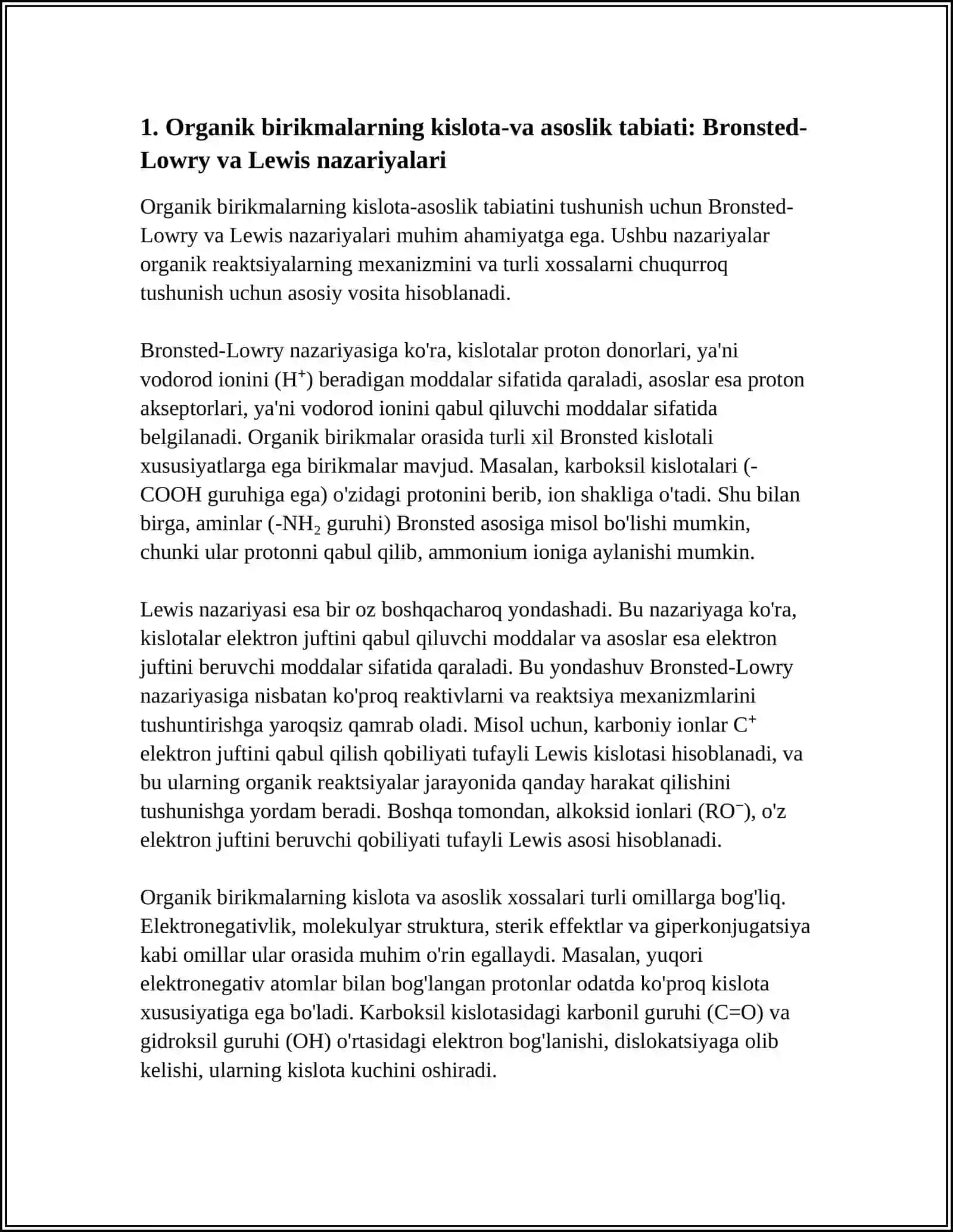 ORGANIK BIRIKMALARNING KISLOTA-ASOSLI XOSSALARI.ORGANIK BIRIKMALARNING OKSIDLANISH VA QAYTARILISHI. ORGANIK REAKSIYA TURLARI 4