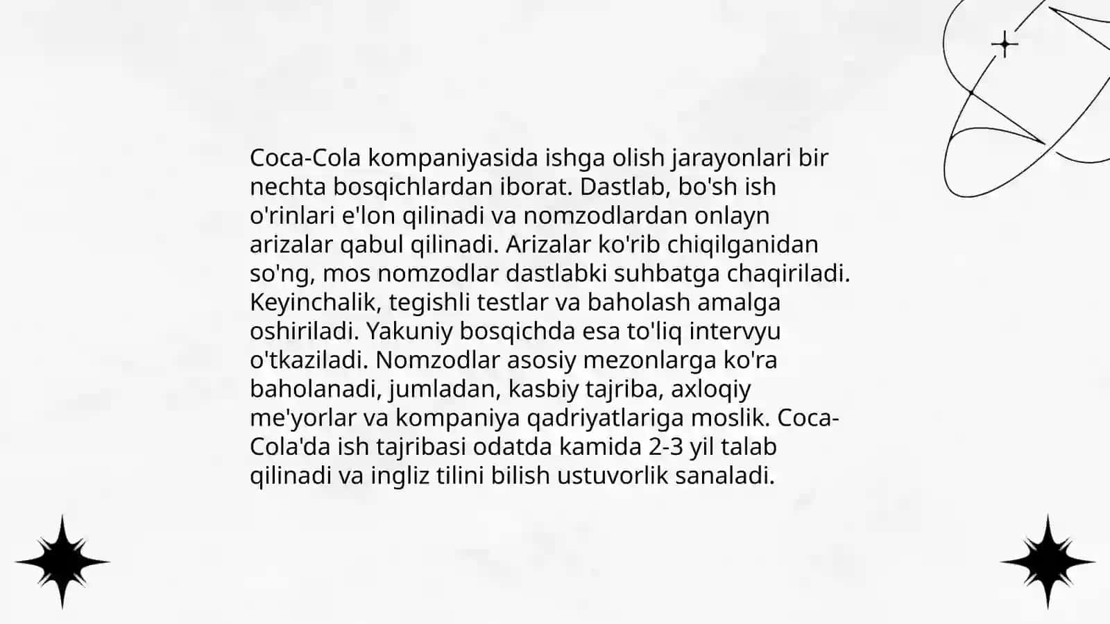Coca cola kompaniyasining HR siyosati va kadrlarni boshqaruv tizimi haqida tahlil va ishga olish jarayoni 4