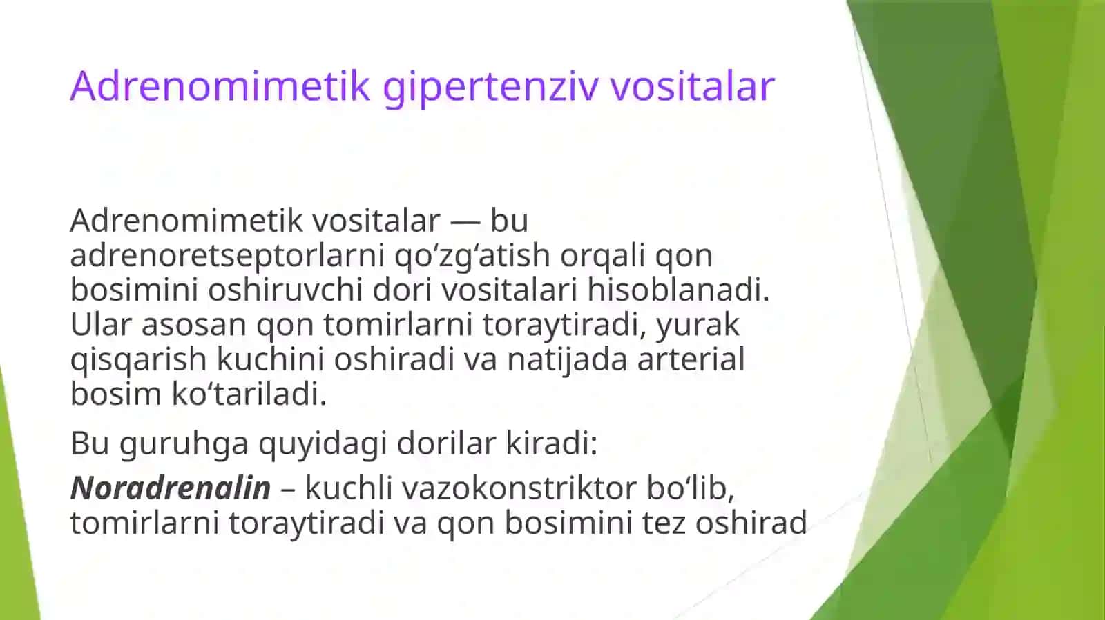 Gipertenziv vositalar va odam organizmi tonusini kuchaytiruvchi vositalar 4