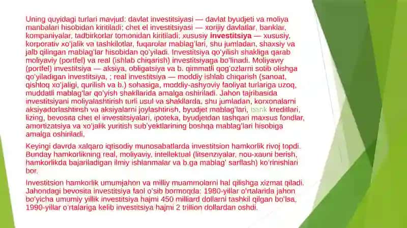 O’ZBEKISTONDA OLIB BORILAYOTGAN INVESTITSIYA SIYOSATI 4