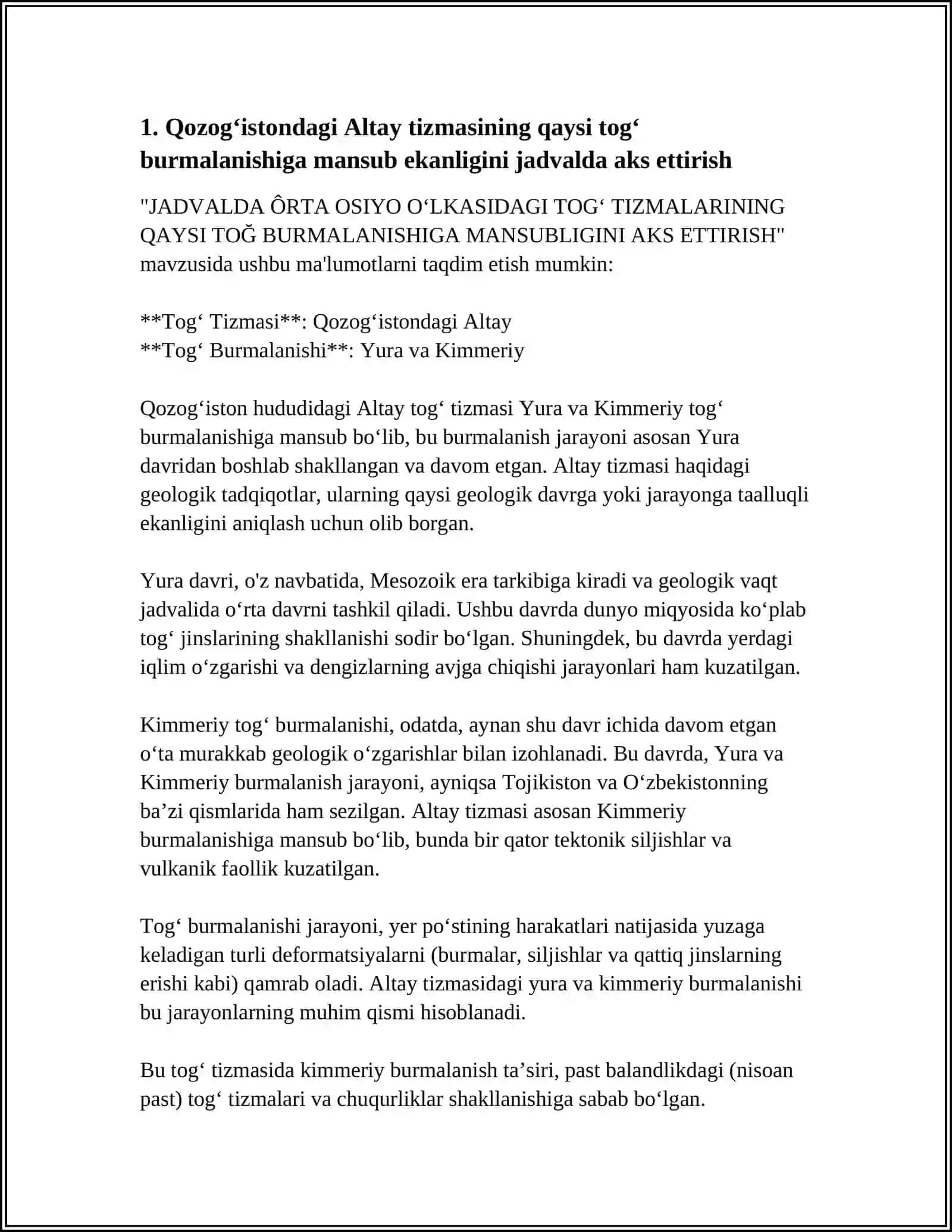 JADVALDA ÔRTA OSIYO OʻLKASIDAGI TOGʻ TIZMALARINING QAYSI TOĞ BURMALANISHIGA MANSUBLIGINI AKS ETTIRISH 4