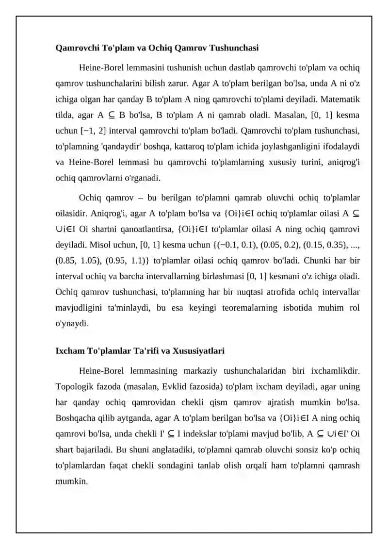 Heine-Borel lemmasi: Ta'riflar va Asosiy Tushunchalar 4