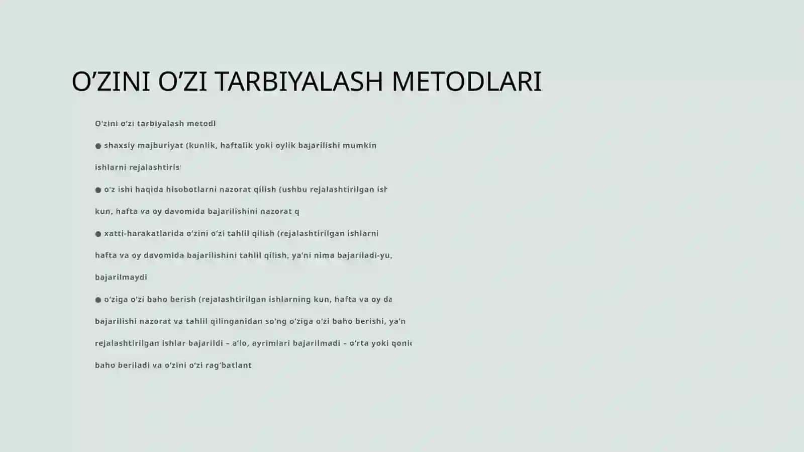 SHAXSNI O’ZINI-O’ZI TARBIYALASHI MUAMMOSI YUZASIDAN TASAVVURLARINI SHAKILLANTIRISHI 4