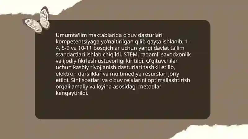 O'zbekiston Respublikasida Ta'lim sohasida amalga oshirilgan islohotlar 4
