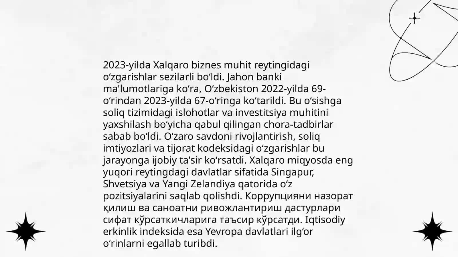 Yangi Oʻzbekiston ijtimoiy-siyosiy, iqtisodiy va madaniy hayotida ey berayotgan oʻzgarishlarning xalqaro reyting va indekslarda aks etishi 4