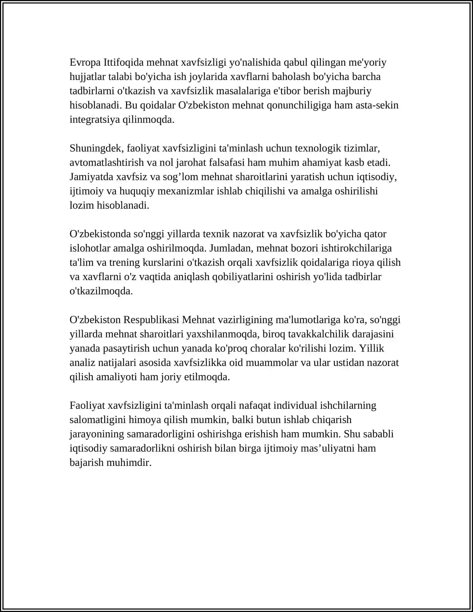 FAOLIYAT XAVFSIZLIGINI TA’MINLASHNING ERGONOMIK KO’RSATKICHLARINI TAHLIL QILISH 4