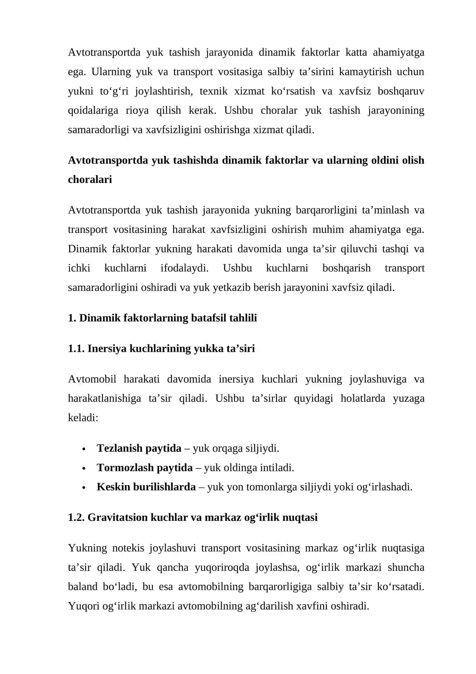 Avtotransport yuk tashishda dinamik faktorlarning ta’siri va ularni kamaytirish usullari 4