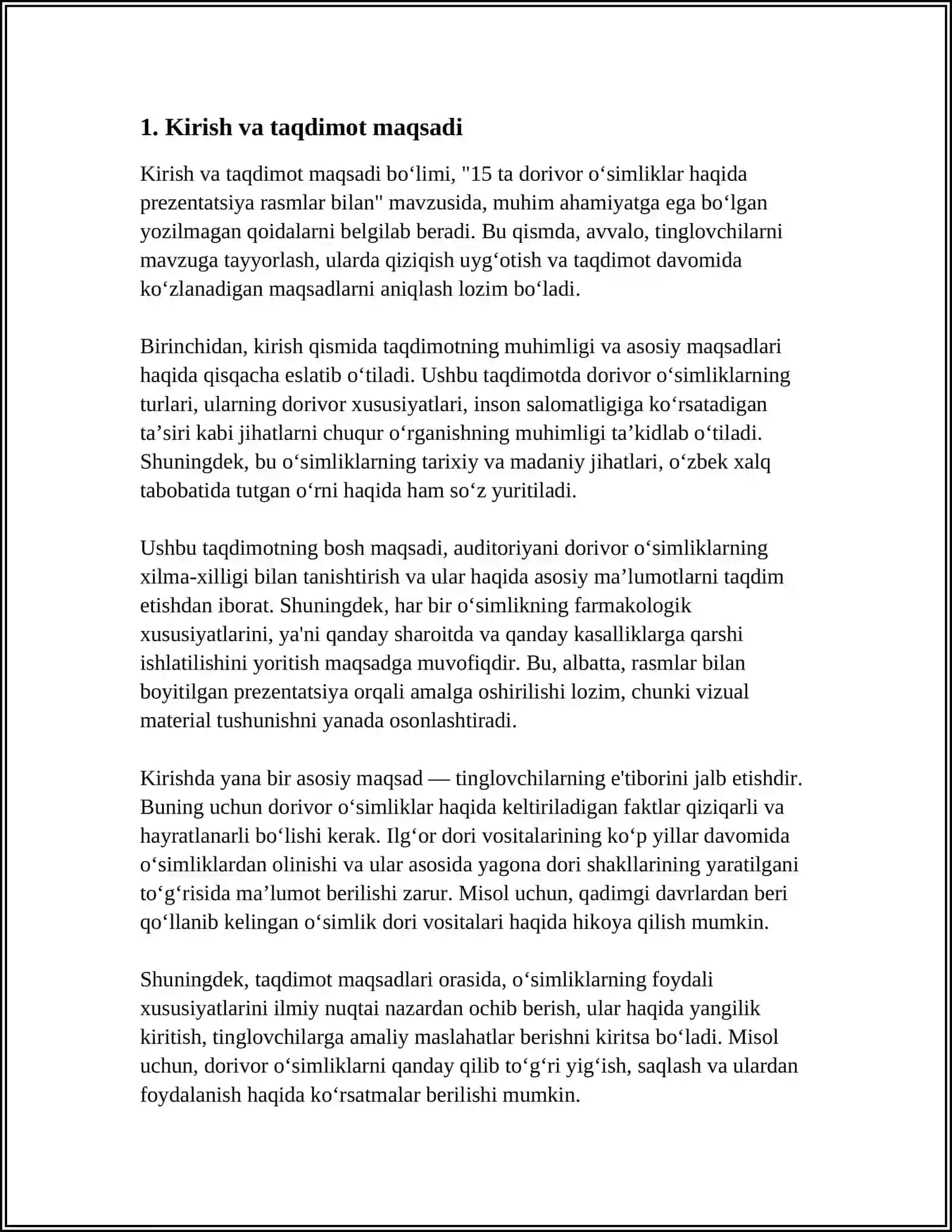 15 TA DORIVOR OʻSIMLIKLAR HAQIDA PREZITATSIYA RASMLAR BILAN REJASI BILAN 4