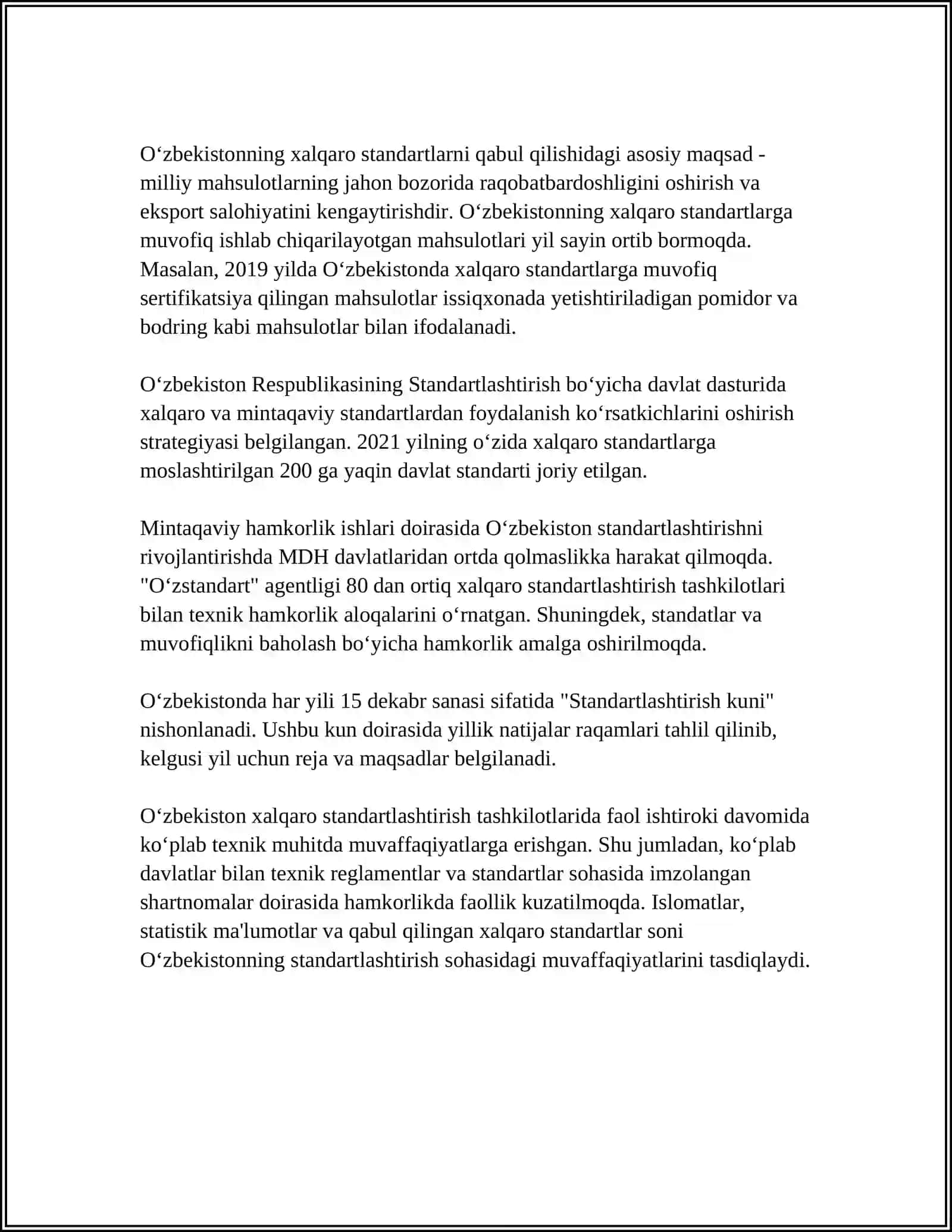 OʻZBEKISTON RESPUBLIKASINI XALQARO STANDARTLASHTIRISHDAGI OʻRNI 4