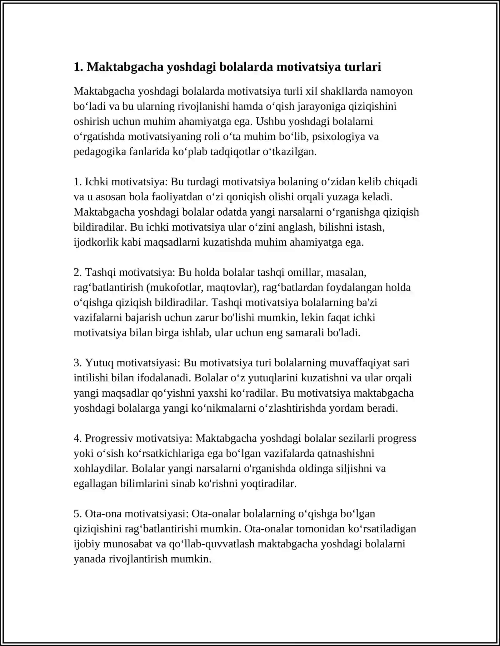 MAKTABGACHA YOSHDAGI BOLADA XULQ MOTIVLARINING RIVOJLANISHI VA O'ZIGA BAHO BERISHI SHAKLLANISHI 4