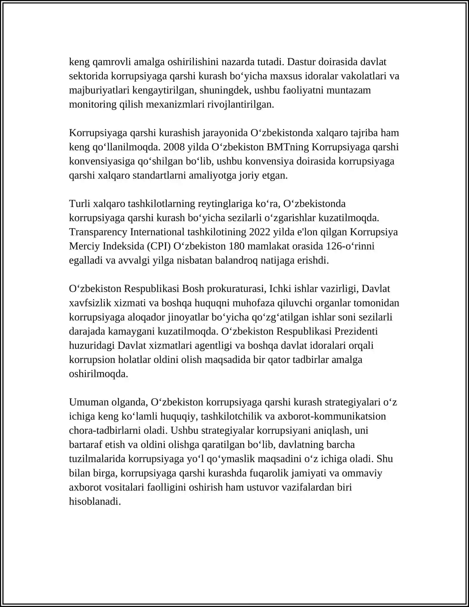 O‘zbekistonda Korrupsiyaga Qarshi Kurash Strategiyalari va Me’yoriy Asoslar Mavzusida Esse Yozish 4