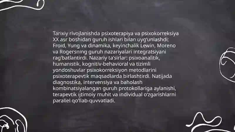 Guruh psixoterapiyasi guruh psixokorreksiyasi tushunchalarining oʻzaro bogʻliqligi 4