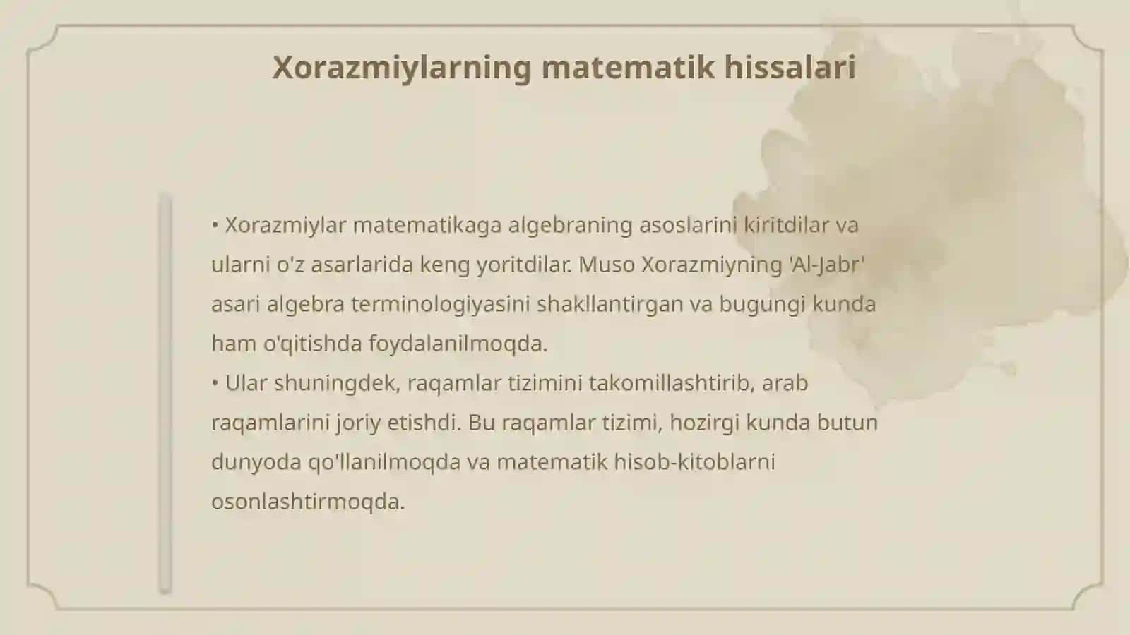 Muso Xorazmiy va Abu Abdulloh Xorazmiylarning dunyo sivilizatsiyasidagi o'rni. Abu Nasr Farobiy ulug' qomusiy alloma...j 4