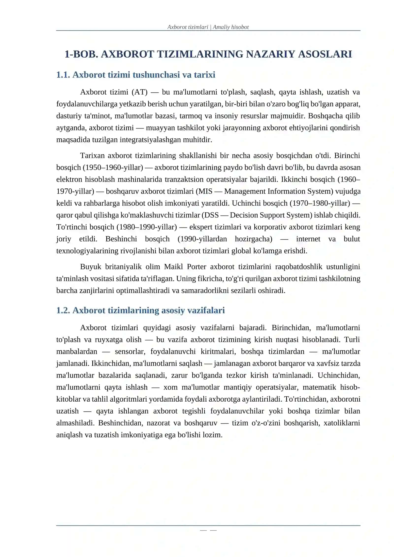 AXBOROT TIZIMLARIdan amaliyot hisoboti 4