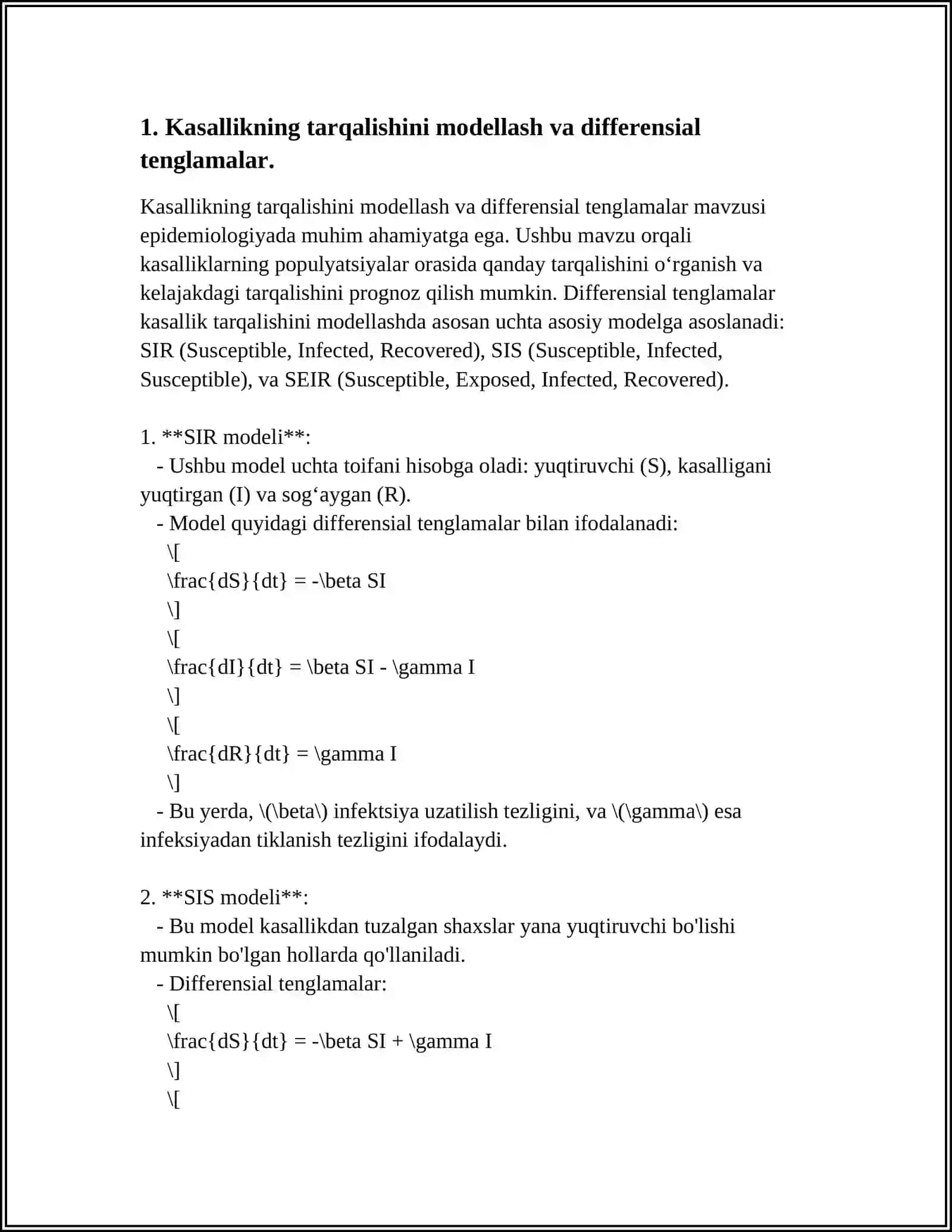 TIBBIY BIOLOGIK MAVZUDAGI DIFFERENSIAL TENGLAMALARNI TUZISH VA YECHISH 4