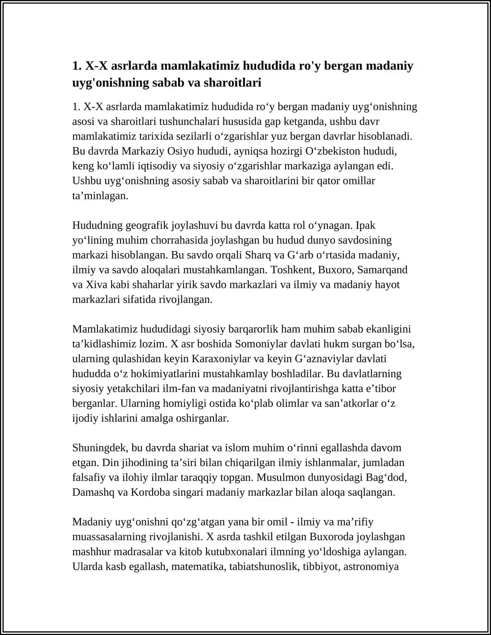 X-X ASRLARDA MAMLAKATIMIZ HUDUDIDA RO'Y BERGAN MADANIY UYG'ONISH RENESSANS BUYUK ALLOMALARNING JAHON SEVILIZATSIYASIGA QO'SHGAN HISSA 4