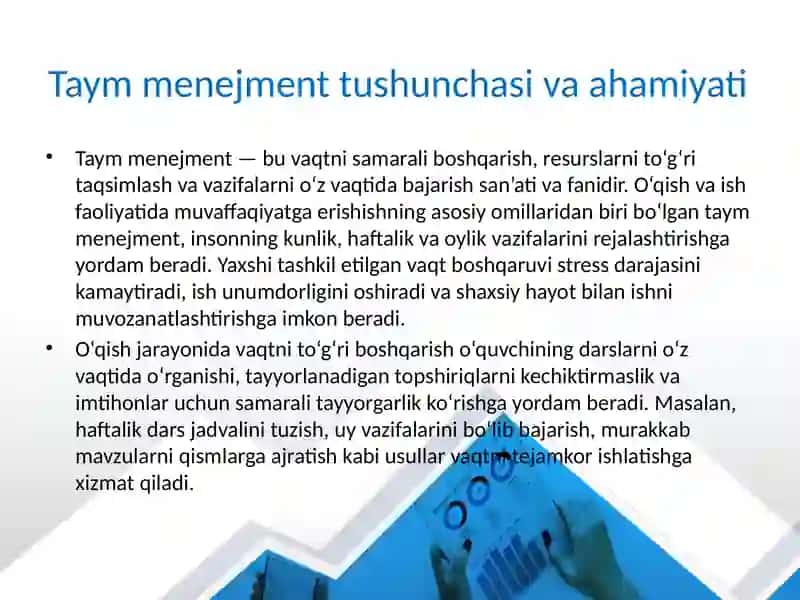 Taym menejment o'qish va ishda vaqtni to'g'ri taqsimlash 4
