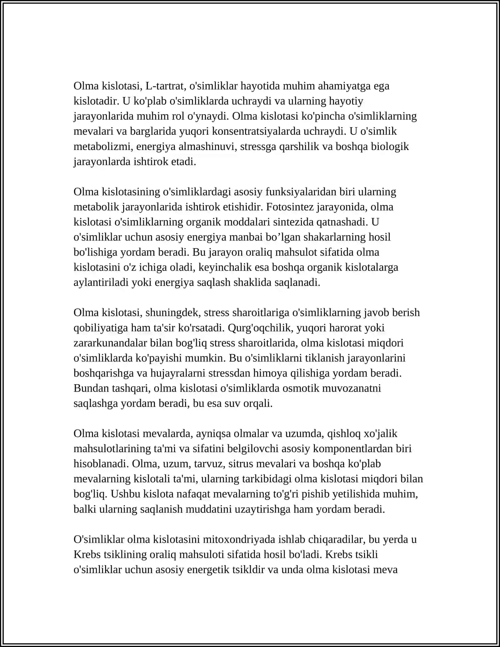 O'SIMLIKLAR TARKIBIDA UCHRAYDIGAN ORGANIK KISLOTALAR VA ULARNING AHAMIYATI 4