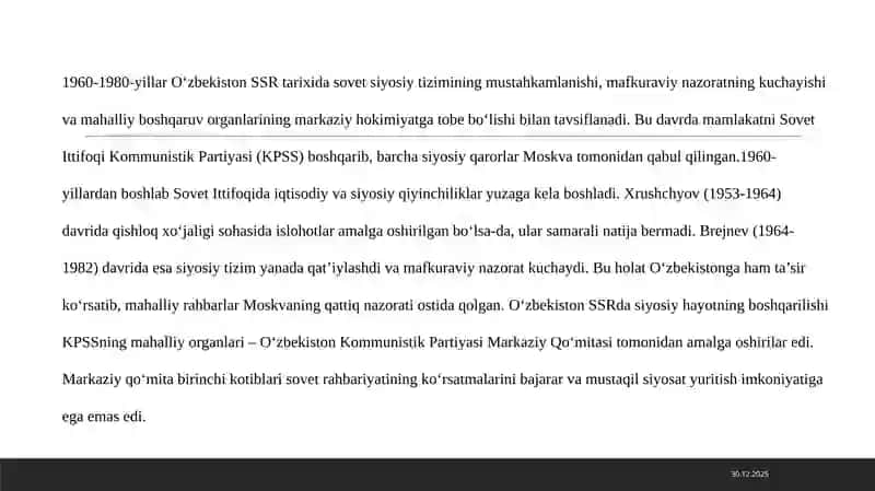 O‘zbekistonda siyosiy  jarayonlar sovet siyosiy inqiroz 1960-1980 4