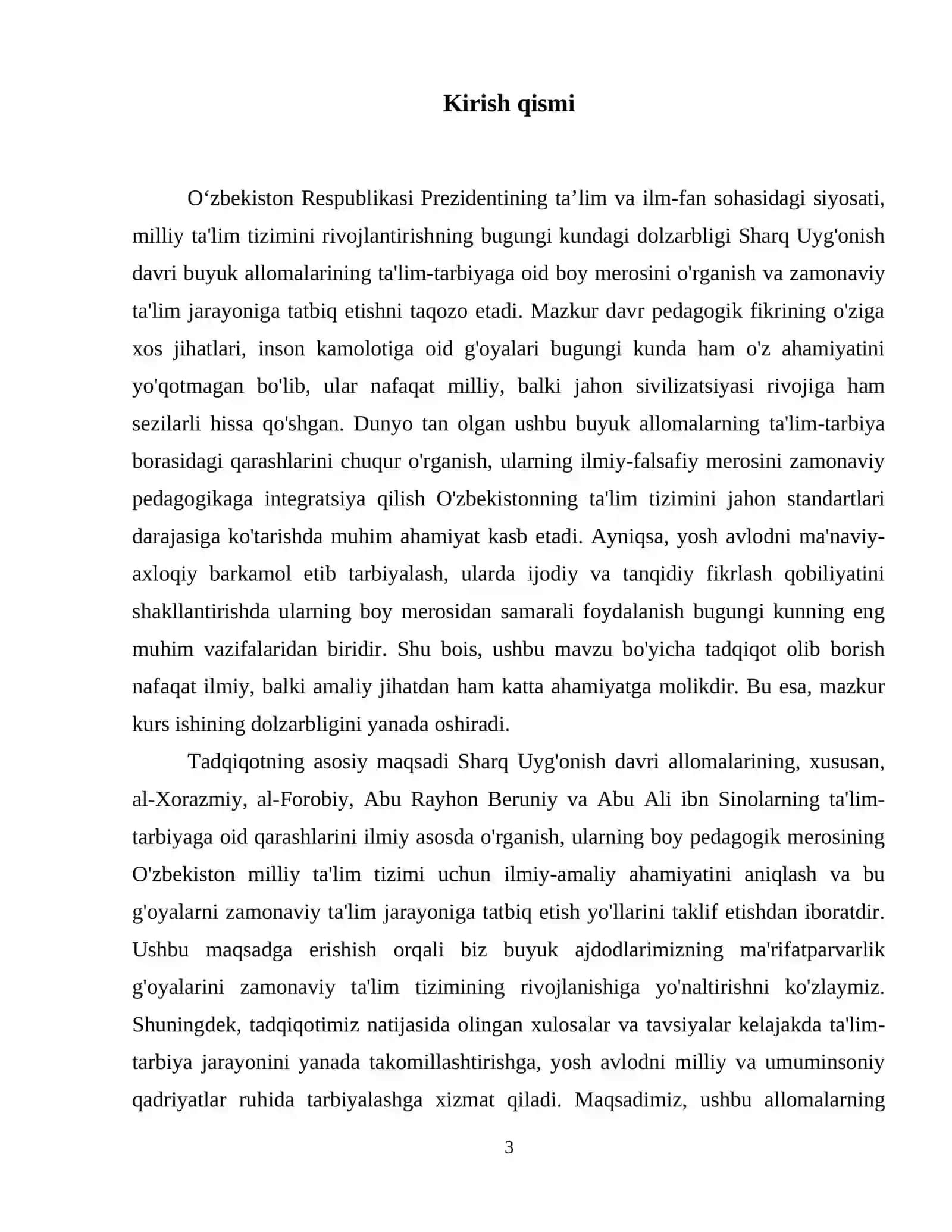 Sharq uygʻonish davrida pedagogik fikr taraqqiyoti (AI-Xorazmiy, al- Forobiy, Abu Rayhon Beruniy, Abu Ali ibn Sinoning ta'lim -tarbiyaga oid qarashlari 4