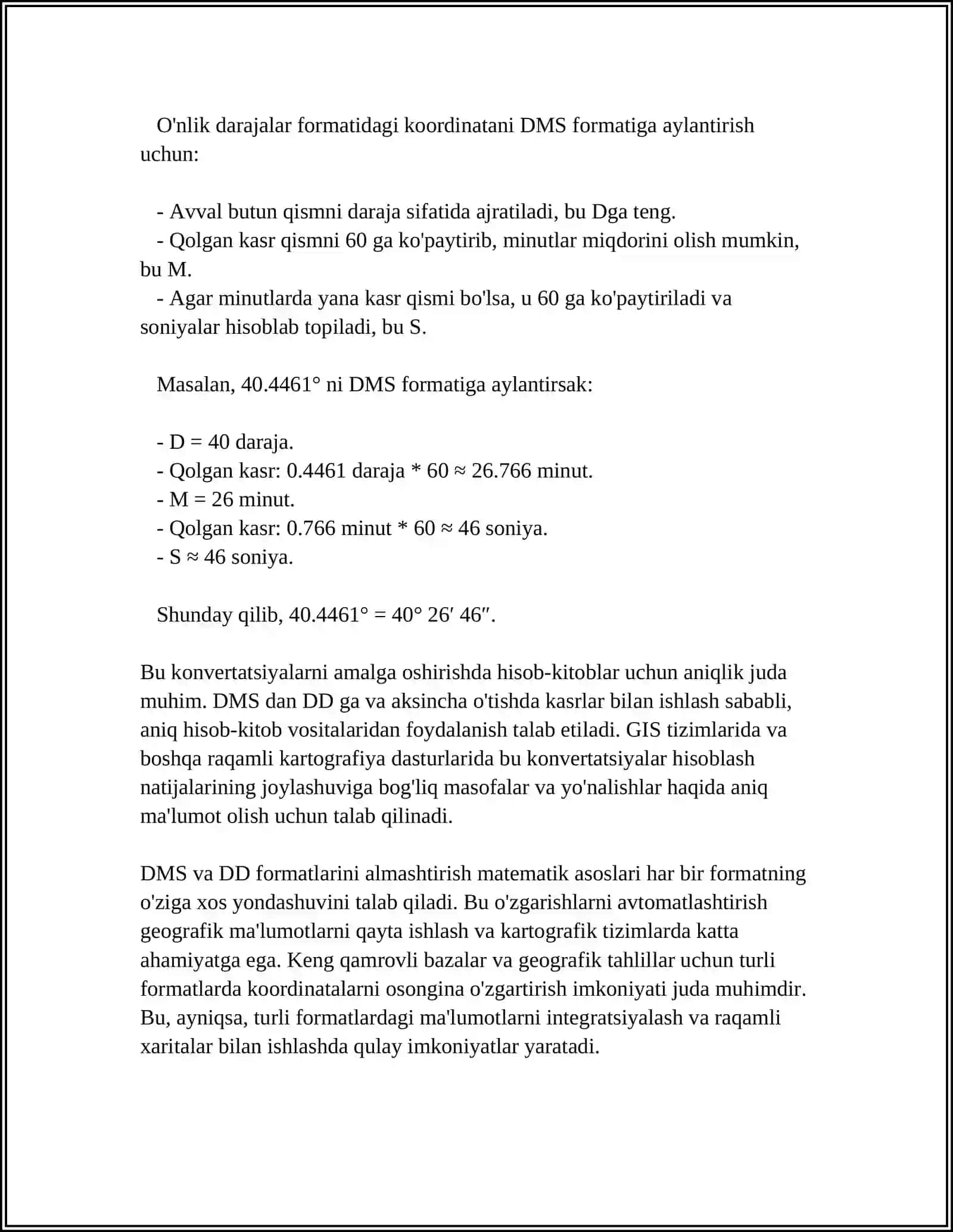 GEOGRAFIK KOORDINATALARNI HISOBLASH: DARAJA, MINUT, SONIYA (DMS) VA O'NLIK DARAJALAR DD) ORASIDAGI KONVERTATSIYA DASTURINI ISHLAB CHIQISH 4