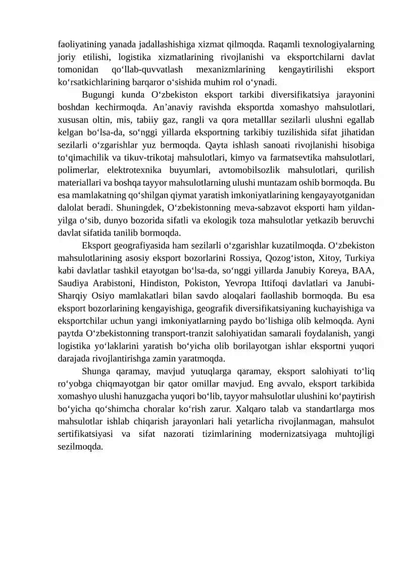 O'zbekistoning eksport salohiyatini oshirish bo'yicha takliflar ishlab chiqish 4