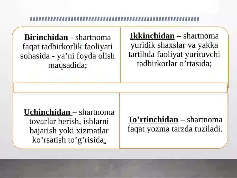 BIZNES SHARTNOMALARI VA ULARNING TURLARI,SHARTNOMALARNI BAJARISHNING HUQUQIY TA’MINOTI 4