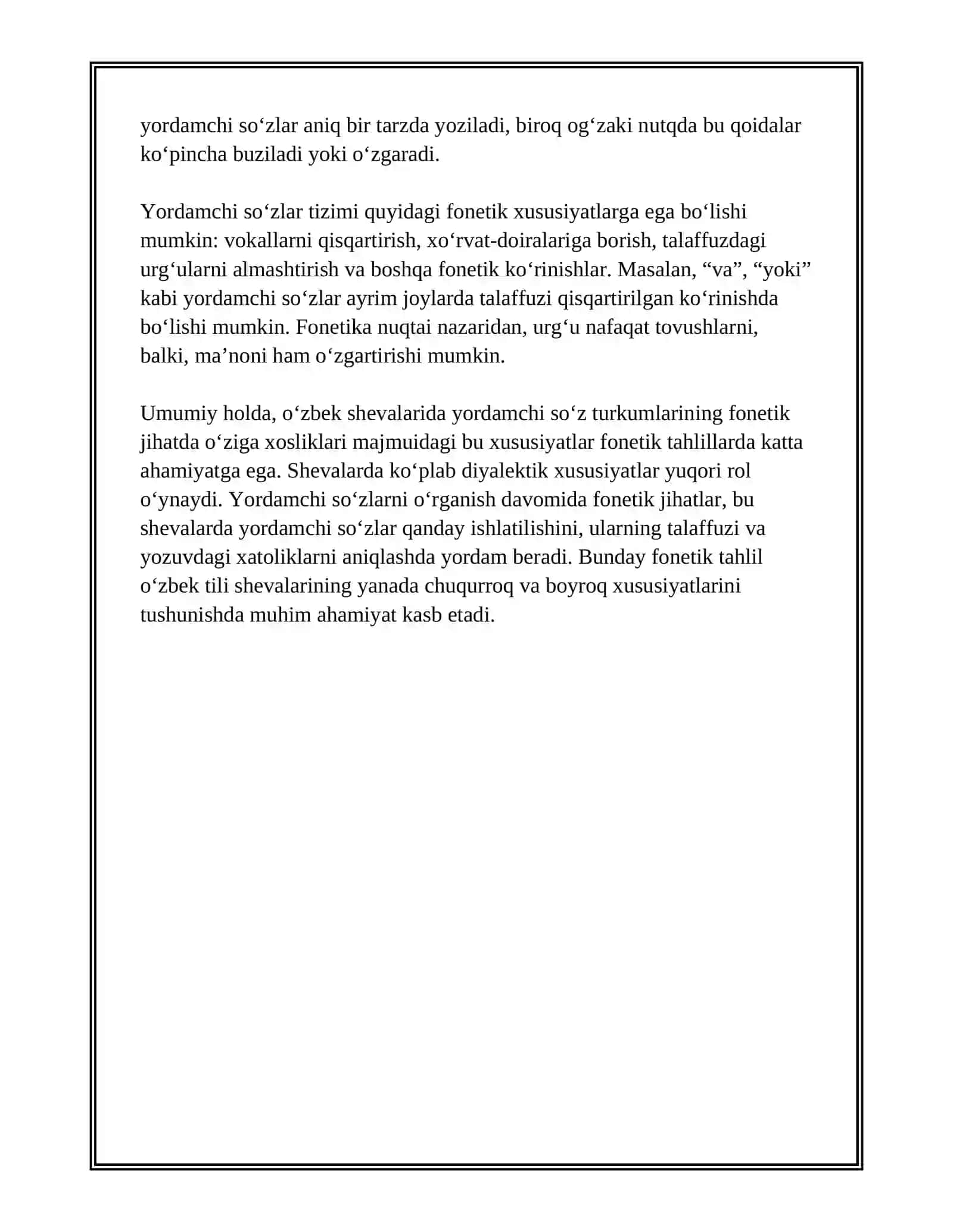 OʻZBEK SHEVALARIDA YORDAMCHI SOʻZ TURKUMLARINING OʻZIGA XOS XUSUSIYATLARI 4
