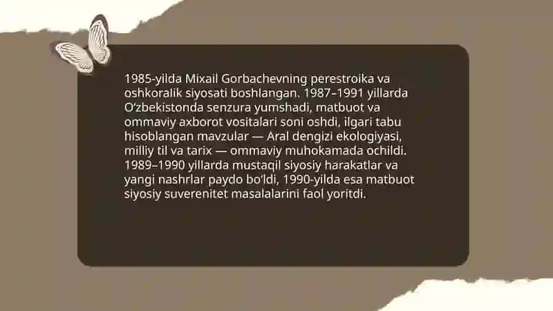 Qayta qurish siyosatining O'zbekistonga kirib kelishi va mahalliy reaksiya 4