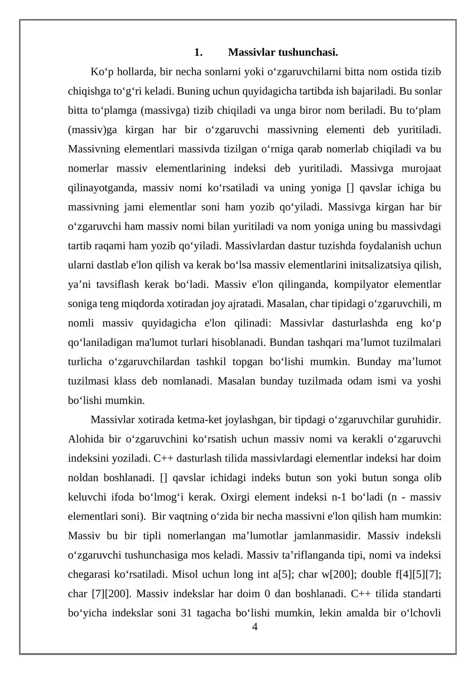 MASSIVLAR MAVZUSIDAGI KURS ISHI 4