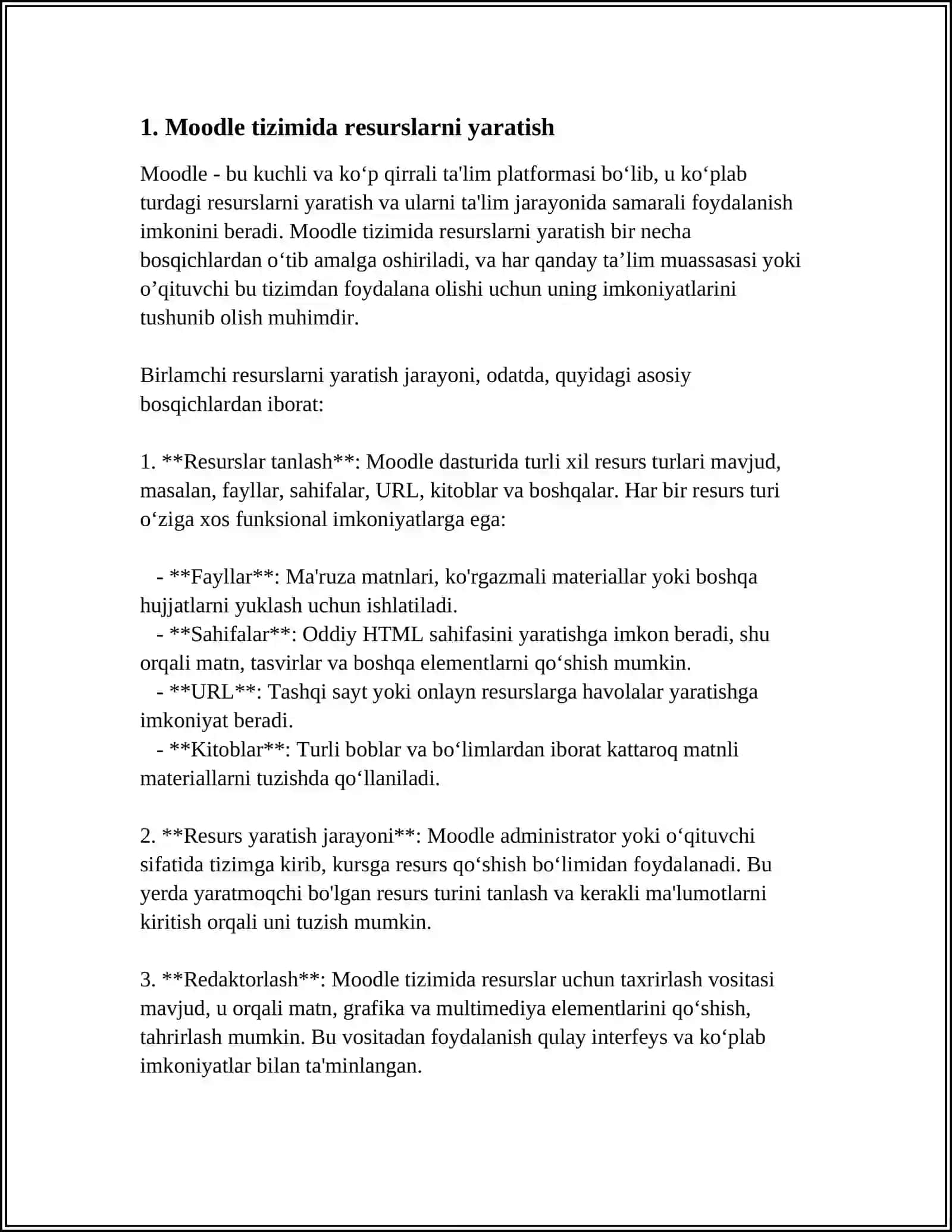 RESURSLAR VA ELEMENTLARDAN FOYDALANISH XUSUSIYATLARI (MOODLE TIZIMIDAGI ELEMENT. MOODLE TIZIMINING RESURSLARI) 4