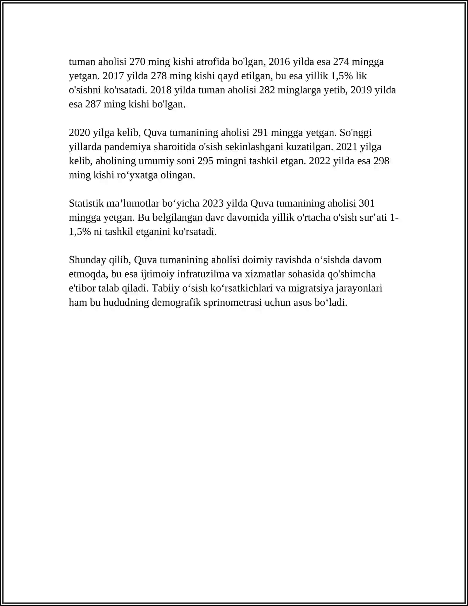 QUVA TUMANI AHOLISI, YAIM, EKSPORT-IMPORT SALOHIYATI,AHOLINI BANDLIGI,JOYLASHGAN ORNI VA STATISTIK TAHLILI 4