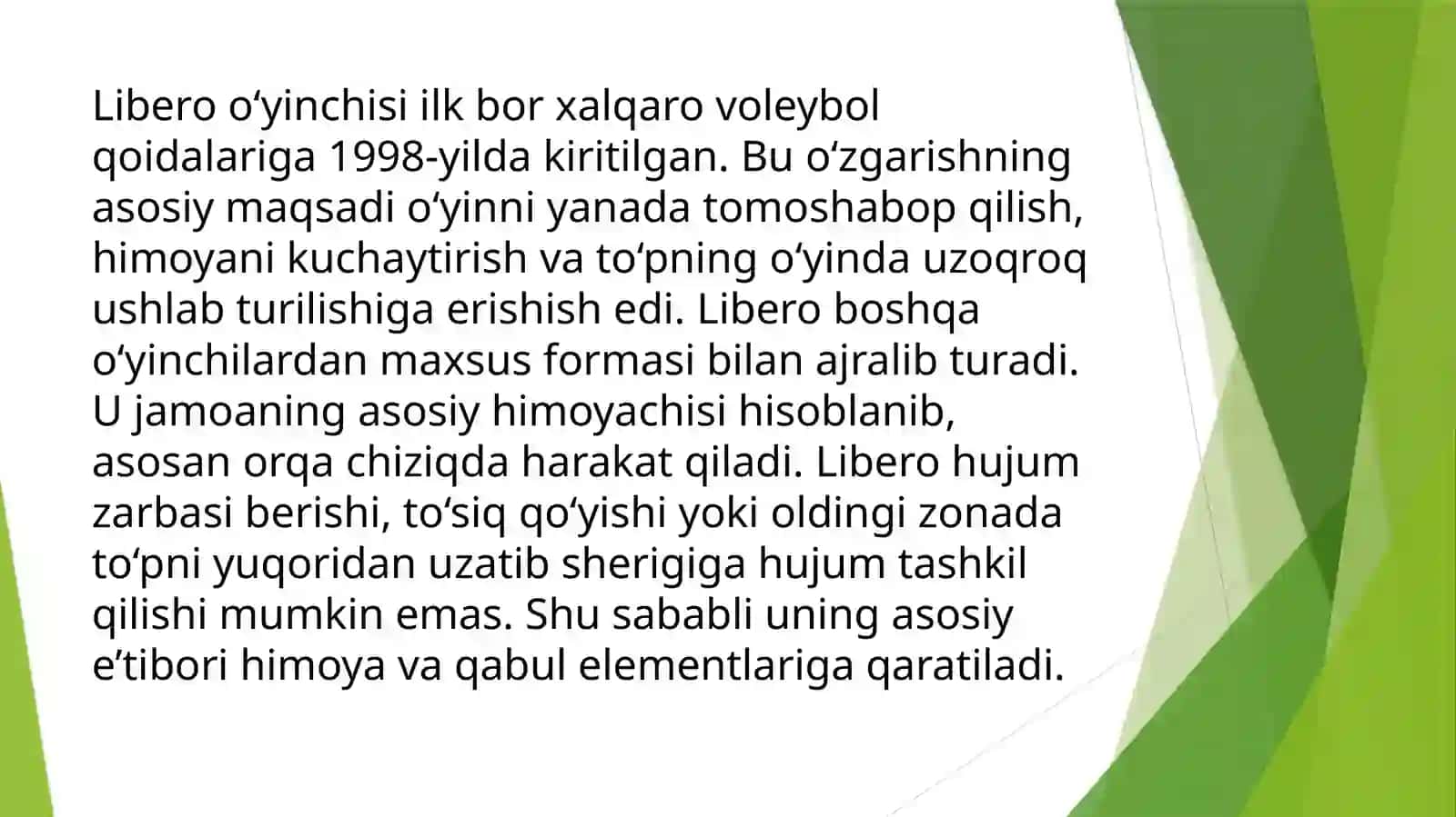Voleybol oʻyinidagi libero oʻyinchisini texnik va taktika usullari 4