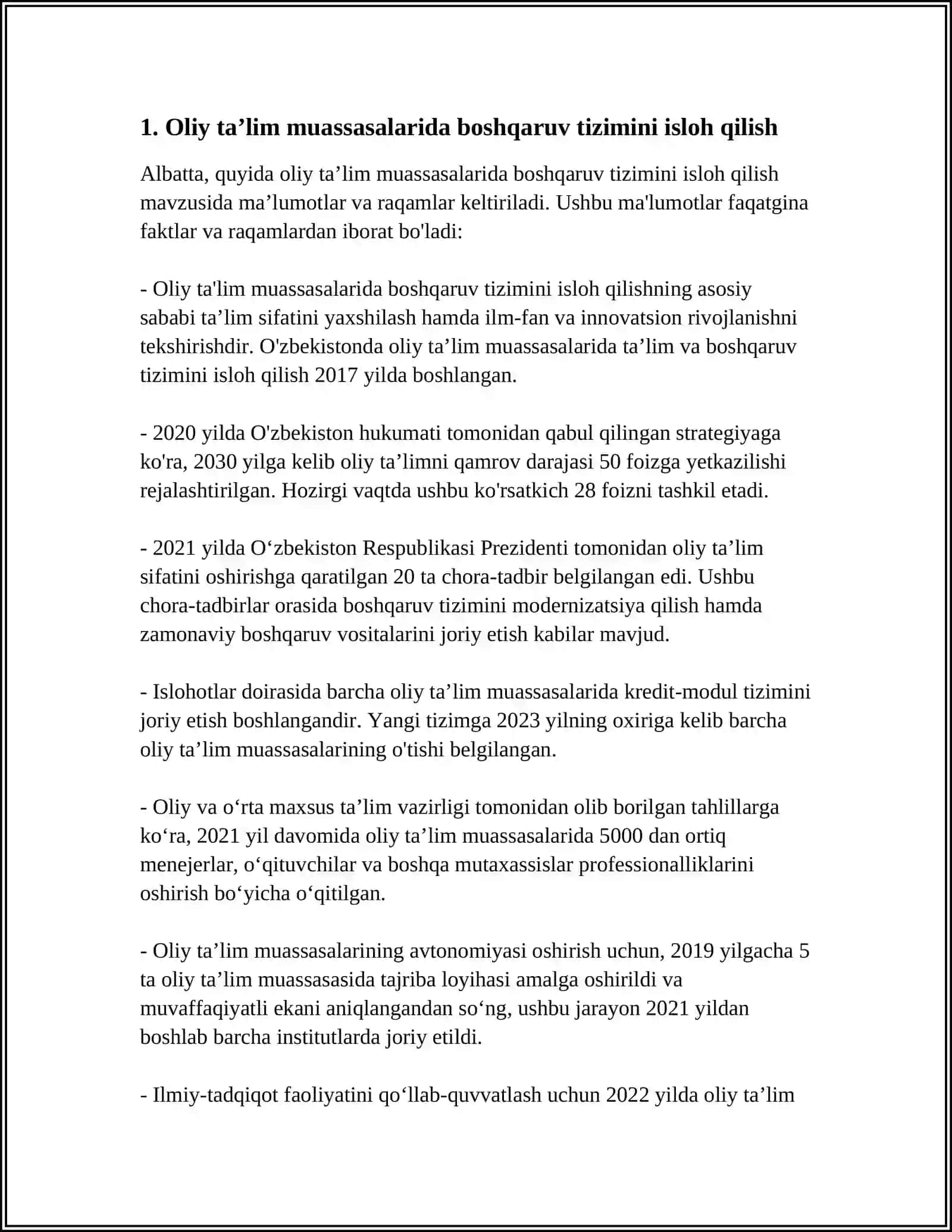 OLIY TAʼLIM MUASSASALARI TIZIMIDA AMALGA OSHIRILAYOTGAN ISLOHOTLAR VA UNING ISTIQBOLI 4