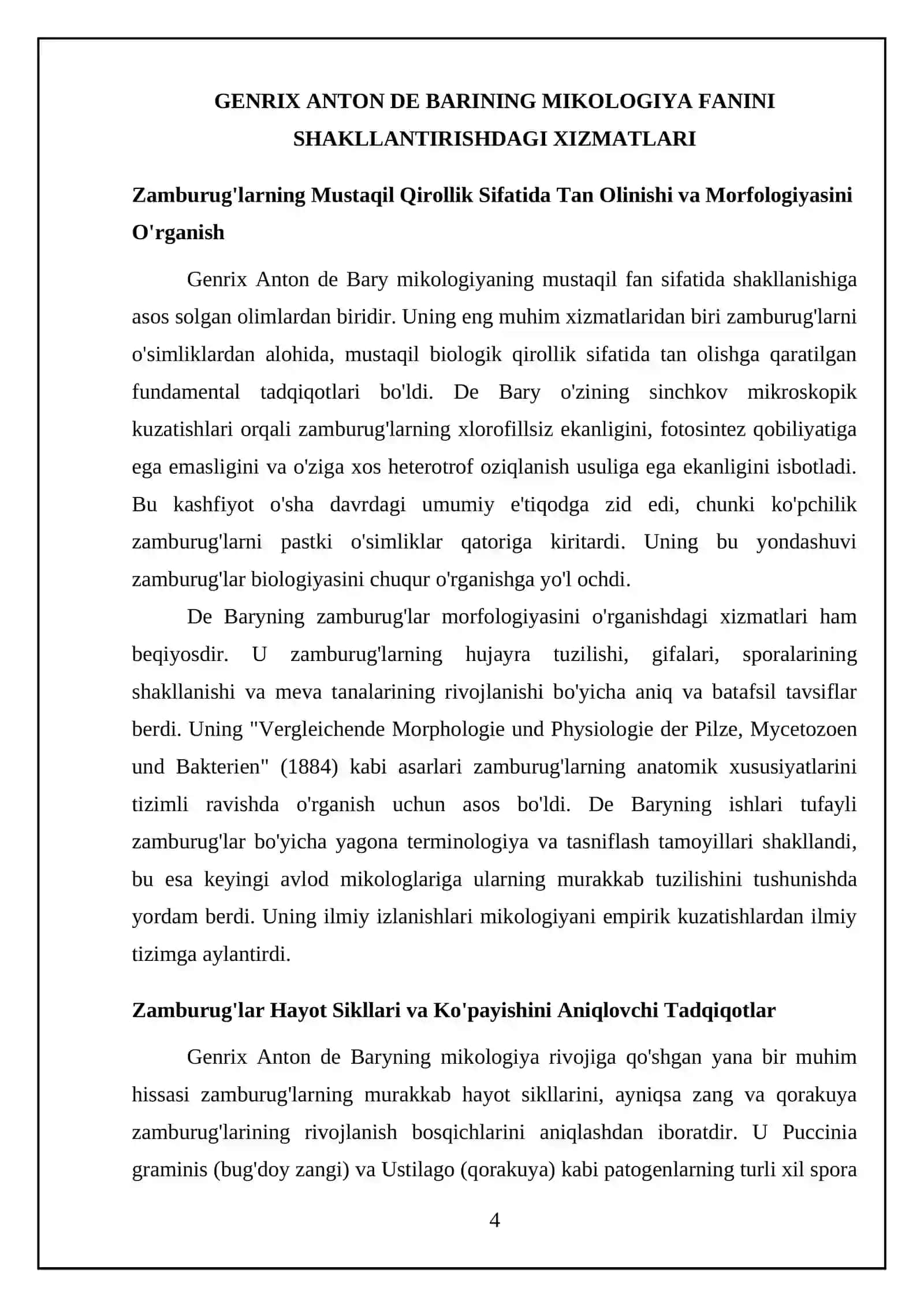 mikologiya va fitapatologiya fanlari yaratilishida nemis olimi Genrix Anton de barining oʻrni mavzusi boʻyicha referat 4