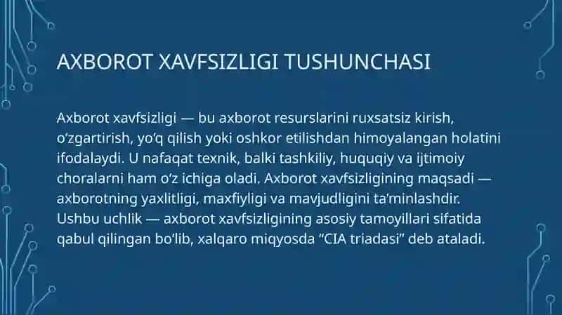 Axborot xavfsizligi va axborotlarni himoyalash usullari. Axborotlarni himoyalashning texnik va dasturiy vositalari 4