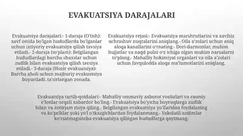 Favqulodda Vaziyat Xavfi Tuĝilganda Va Sodir Bòlganda Aholini Evakuatsiya Qilish 4